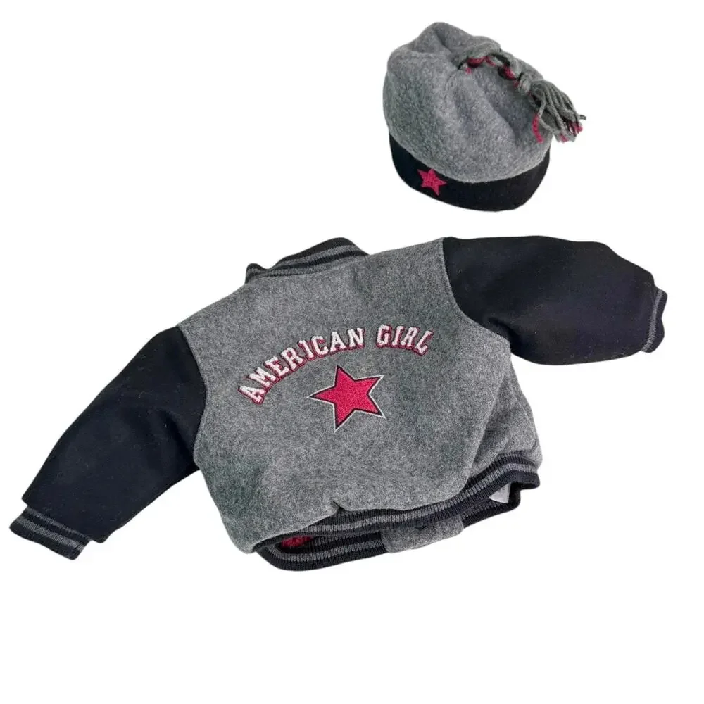 American Girl Varsity Jacket Hat Set Gray Wool Quilted Lined Coat Tassel Hat Vtg